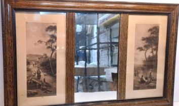 EDWARDIAN WALL MIRROR WITH PRINTS OF VILLAGE SCENES 75CM X 47CM