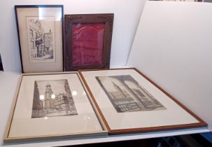 WILLIAM HUMBERT ETCHING "THE BRIDGE HOUSE" AND TWO OTHER GERMAN ETCHINGS, CITY SCENE BOTH SIGNED AND