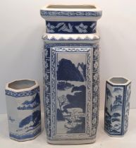 3 CHINESE BLUE AND WHITE BRUSH POTS FROM C.1900 AND LATER 34.5CM TALLEST