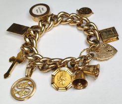 9CT GOLD CHARM BRACELET 44.5g WITH 8 9CT GOLD CHARMS