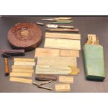 TRAY OF MEASURING TOOLS  AND DRAWING  INSTRUMENTS - INC. CHESTERMAN RABONE, ELLIOTT RULERS ETC.TAPE 