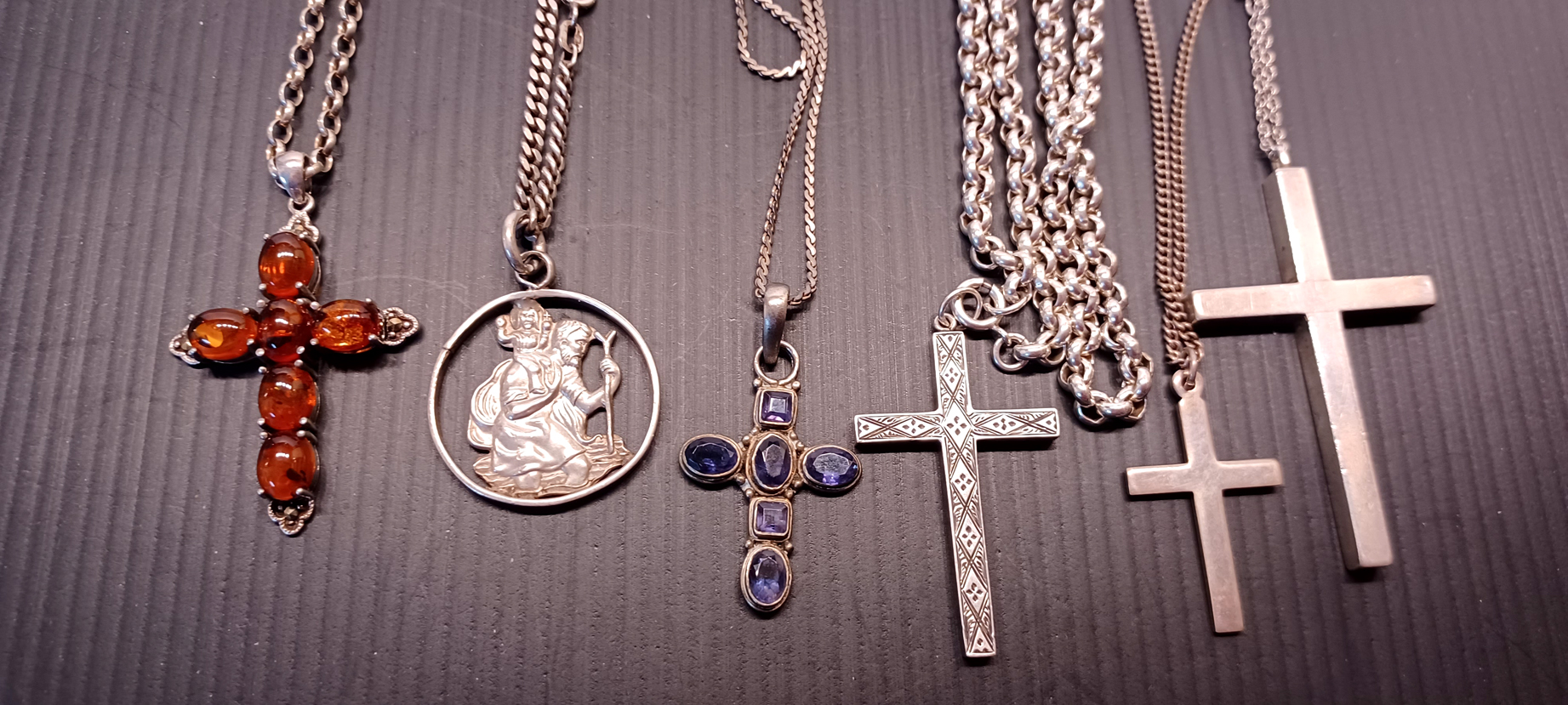 6 SILVER NECKLACE 139.5g, A ST CHRISTOPHER, 5 CRUCIFIXES, INC. AMBER, AMETHYST. LARGEST 60MM X 35MM  - Image 2 of 2