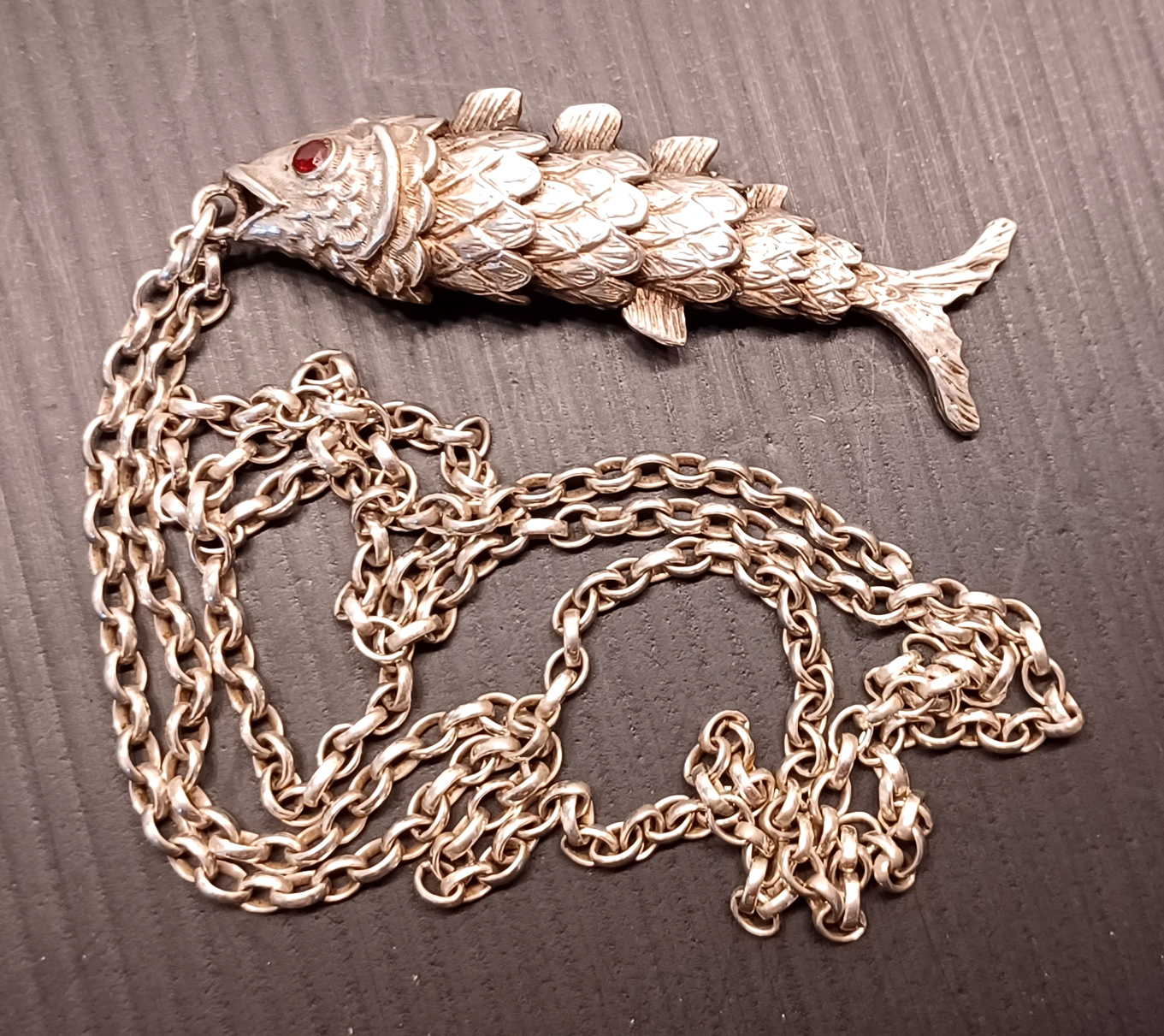 SILVER FISH PENDANT 65MM LONG ON SILVER CHAIN 29" 34.5g