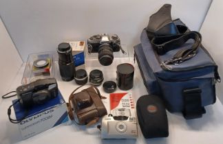 CAMERA - OLYMPUS OM10, CANON SURE SHOT 76 ZOOM, OLYMPUS SUPERZOOM 700BF, EXTRA LENSES, BAG & OTHER