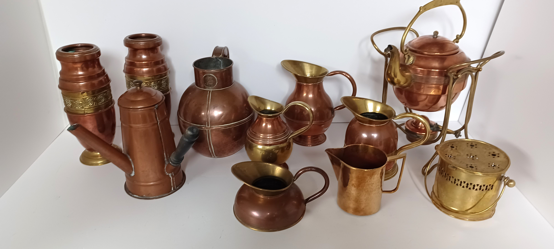 11 PIECES COPPER AND BRASS JUGS, SPIRIT KETTLE, VASES ETC. FROM FRANCE AND ENGLAND - Image 2 of 4