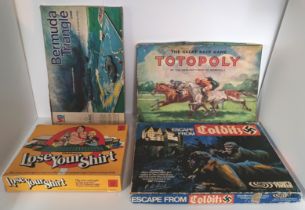 4 VINTAGE BOARD GAMES ESCAPE FROM COLDITZ, BERMUDA TRIANGLE, TOTOPOLY, LOSE YOUR SHIRT