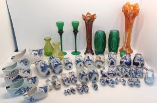 PAIR OF EMERALD COLOUR VASES PAIR CANDLESTICKS, CARNIVAL GLASS ETC. 9 PIECES. & QTY OFDELFT CLOGS