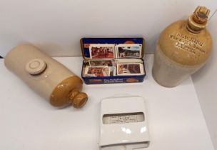 STONEWARE BLACKLING EXETER FLAGON, HOT WATER BOTTLE, JEYES TISSUE HOLDER AND TIN CIGARETTE CARDS