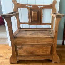 AN ARTS & CRAFTS UMBRELLA STAND CHAIR WITH HINGED SEAT LID. 86cm HIGH x 70cm WIDE x 34cm DEEP