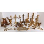 LARGE COLLECTION OF MAINLY BRASS - INC. CANDELBRA, 3 PAIR CANDLE STICKS, CANNON, PESTEL - MORTAR ETC