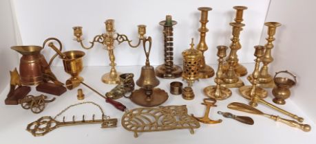 LARGE COLLECTION OF MAINLY BRASS - INC. CANDELBRA, 3 PAIR CANDLE STICKS, CANNON, PESTEL - MORTAR ETC
