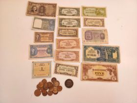 1940's MILITARY BANKNOTES - TRIPOLITANIA, JAPAN, MALAYA, ITALY, CHINA. A BANK OF MONTREAL PENNY 1842