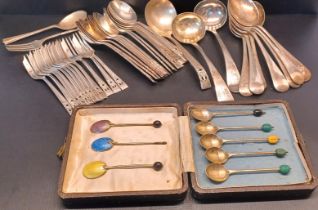 1959 SILVER AND ENAMEL COFFEE SPOONS AND OTHER VARIOUS SILVER PLATED CUTLERY
