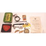MIXED COLLECTIONS OF ITEMS. INC WHITWORTH 56 SAW SIZER, KEY TAGS, SMALL HIP FLASK, PLATED PENCIL ETC