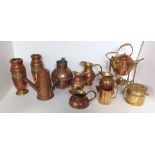 11 PIECES COPPER AND BRASS JUGS, SPIRIT KETTLE, VASES ETC. FROM FRANCE AND ENGLAND
