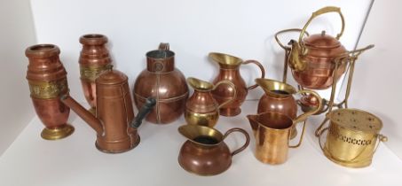 11 PIECES COPPER AND BRASS JUGS, SPIRIT KETTLE, VASES ETC. FROM FRANCE AND ENGLAND