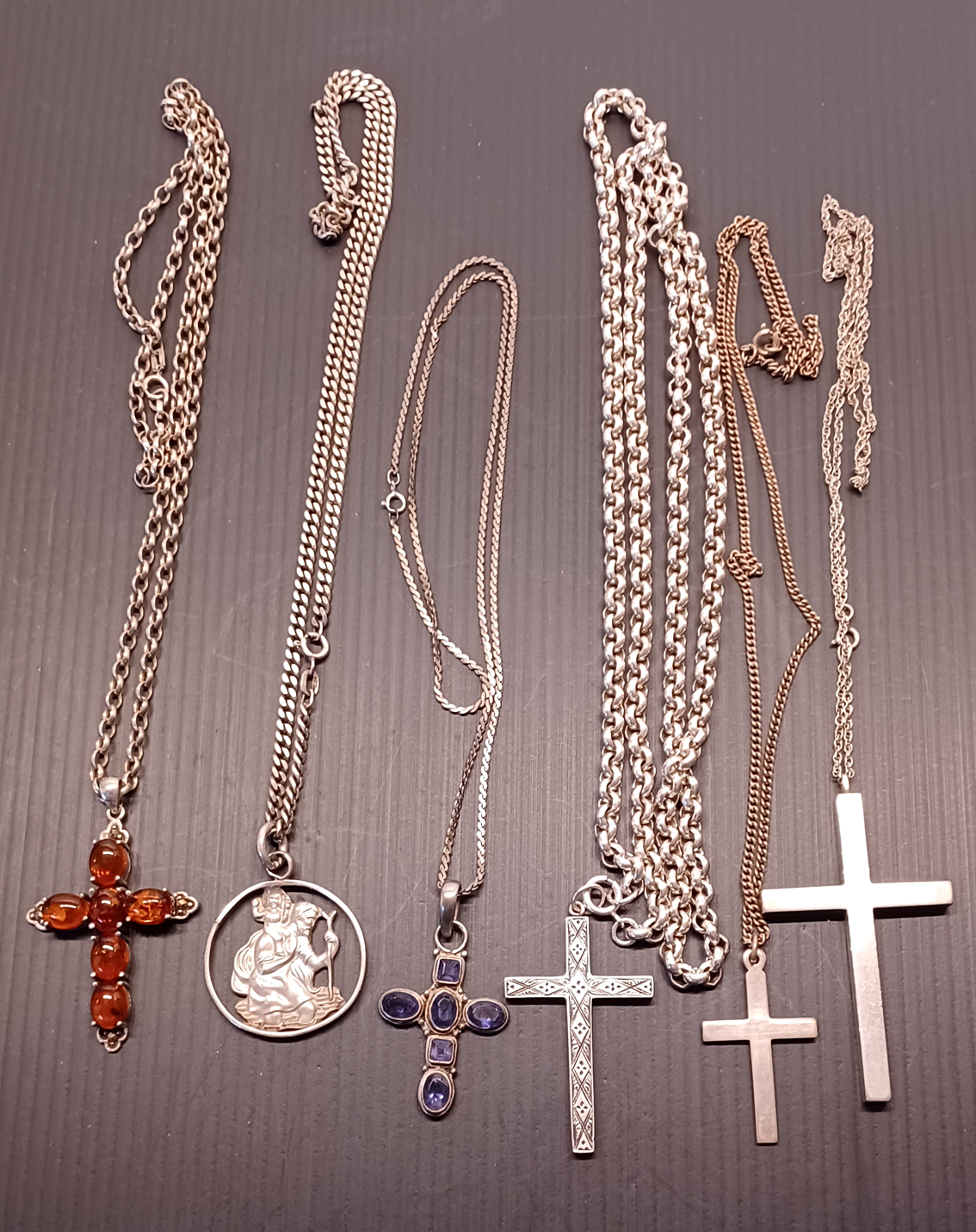 6 SILVER NECKLACE 139.5g, A ST CHRISTOPHER, 5 CRUCIFIXES, INC. AMBER, AMETHYST. LARGEST 60MM X 35MM 