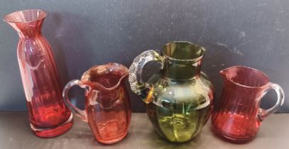 3 VICTORIAN CRANBERRY AND GREEN JUGS AND CRANBERRY VASE 8" TALL