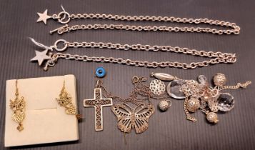 2 SILVER NECKLACE CHAINS 65g AND OTHER COSTUME JEWELLERY INC. OWL EARRINGS, CRUCIFIX SOME AF