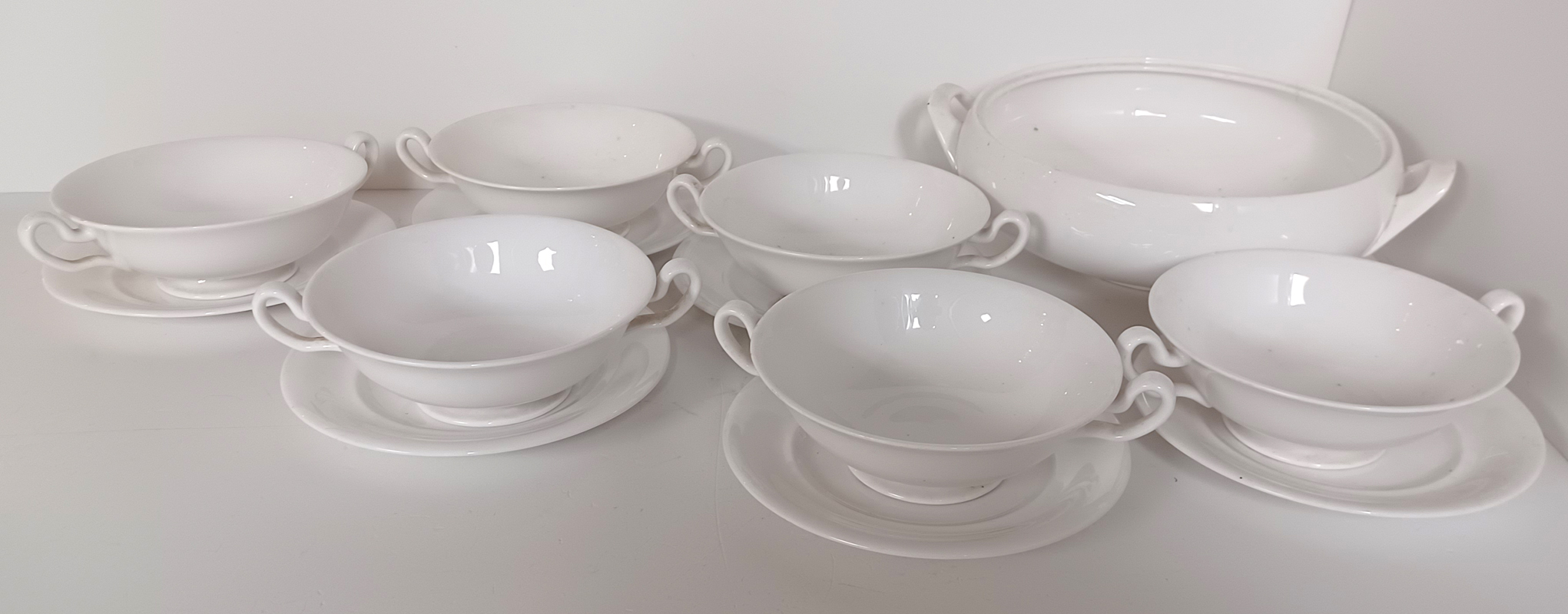 SPODE BONE CHINA WHITE SOUP BOWLS AND PLATE AND A TUREEN NO LID 13 PIECES