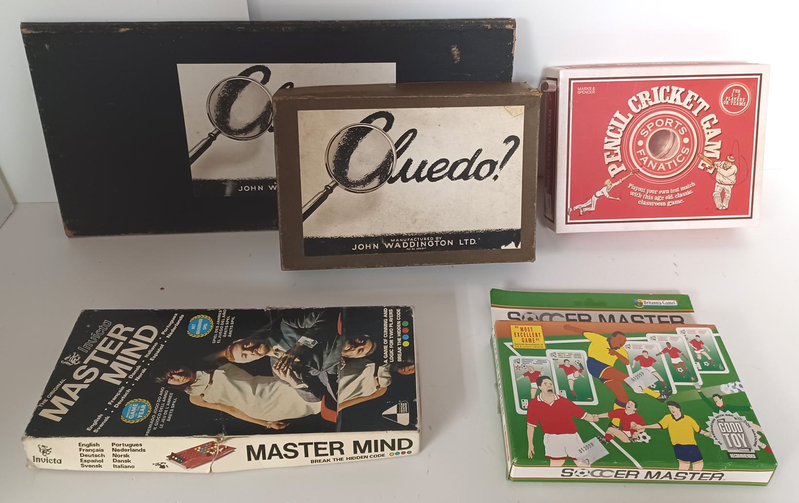 VINTAGE BOARD GAMES CLUEDO, PENCIL CRICKET, MASTERMIND, SOCCER MASTER