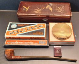 MIXED COLLECTION ITEMS, ROLLS RAZORS, COMPACT, LAQUERED BOX AND RED POINT OLD BRIAR PIPE