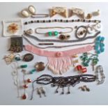 COLLECTION OF JEWELLERY MAINLY VINTAGE COSTUME. INC. 2 SILVER NECKLACES, PEARL NECKLACE ETC.