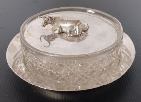 SILVER PLATED BUTTER DISH WITH BULL HANDLE