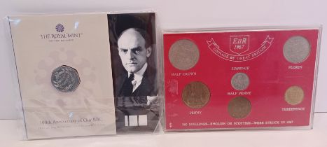 ROYAL MINT 100TH ANNIVERARY OF THE BBC 50 PENCE COIN AND 1967 BRITISH PRE DECIMAL COIN SET