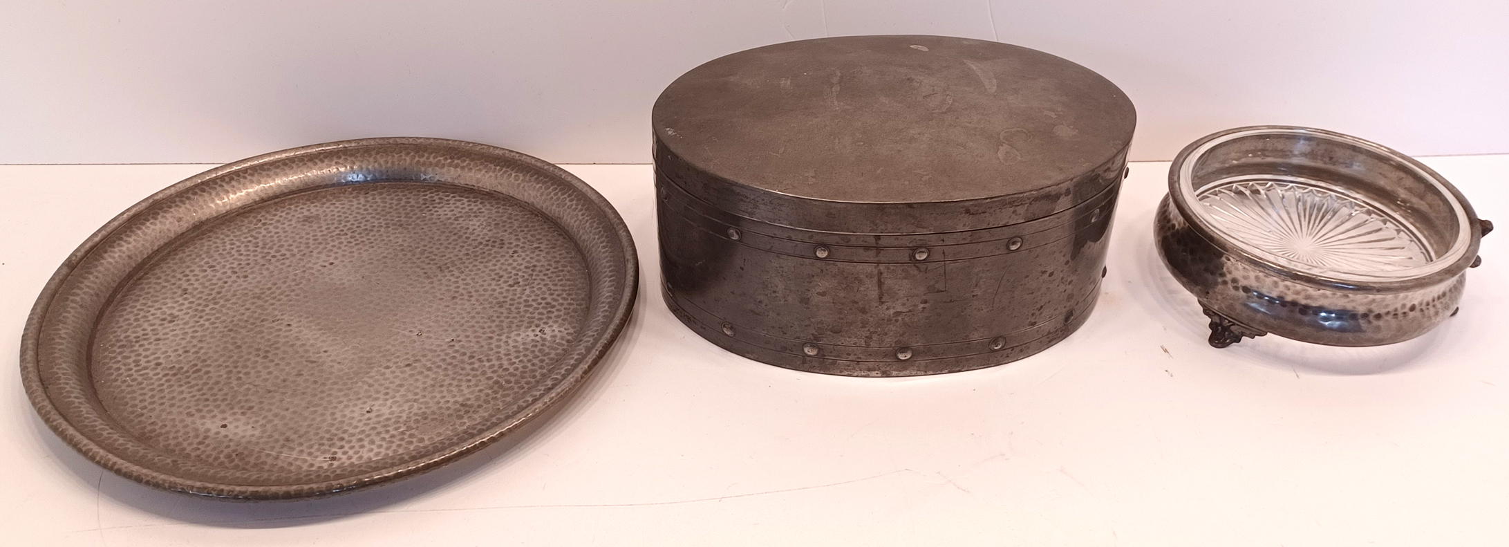 ENGLISH PEWTER - OVAL BOX WITH LID, TRAY AND FOOTED DISH WITH GLASS LINER 