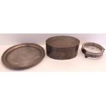 ENGLISH PEWTER - OVAL BOX WITH LID, TRAY AND FOOTED DISH WITH GLASS LINER 