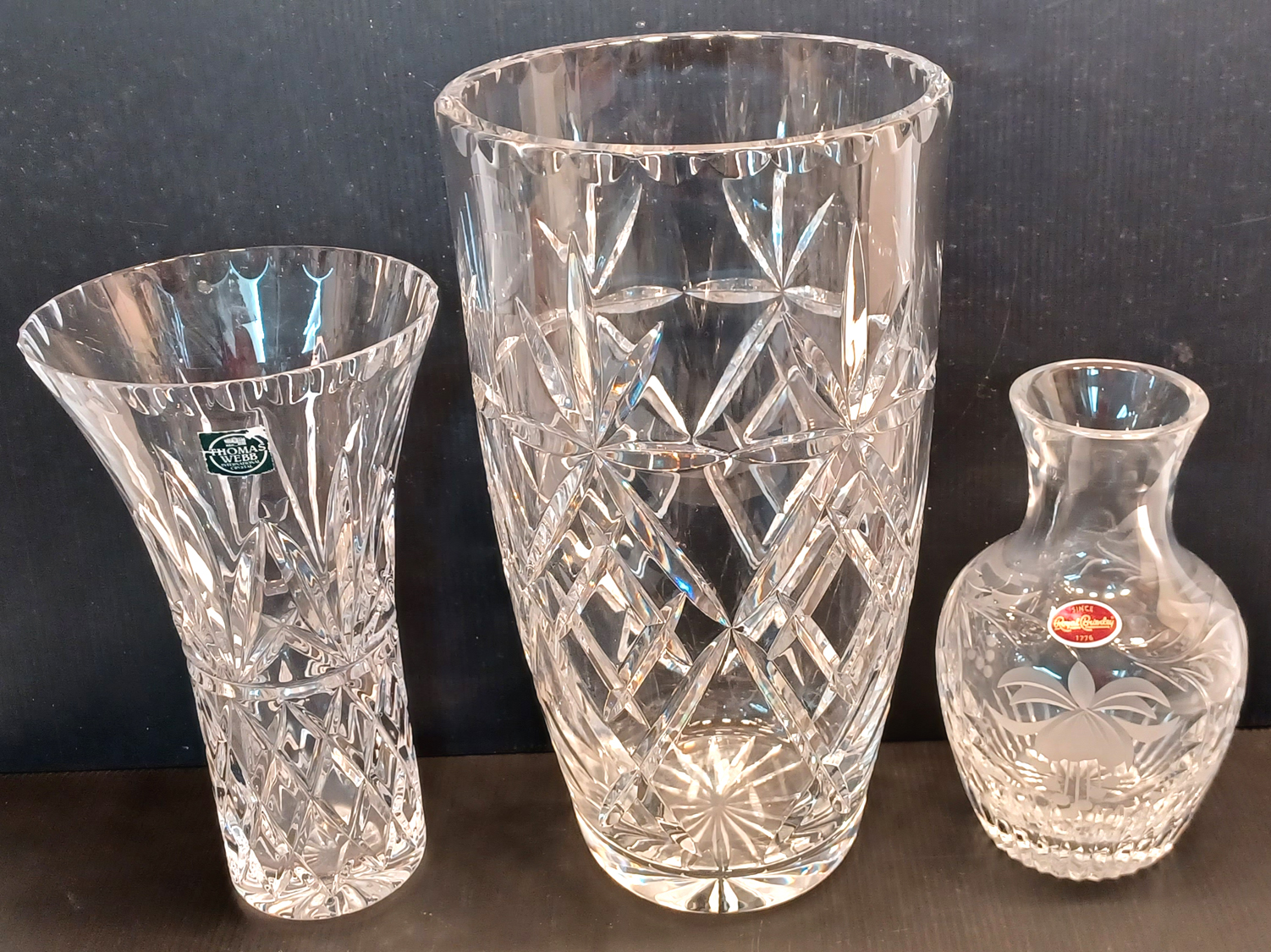 3 GLASS VASES INC. ROYAL BRIERLEY, THOMAS WEBB TALLEST 10.5" 