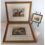 2 VICTORIAN HUNTING SCENE PRINTS c1870 FRAME SIZE 17.5" x 15.5", & MINIATURE OIL COUNTRY SCENE ON EA