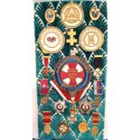 MASONIC FRAMED DISPLAY 19 MEDALS/MEDALLIONS PRESENTED TO E. COMP. H.T. GRIMBLY IN A APPRECATION OF 