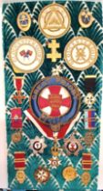 MASONIC FRAMED DISPLAY 19 MEDALS/MEDALLIONS PRESENTED TO E. COMP. H.T. GRIMBLY IN A APPRECATION OF