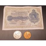 FALKLAND ISLANDS COINS AND ONE POUND NOTE