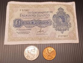 FALKLAND ISLANDS COINS AND ONE POUND NOTE
