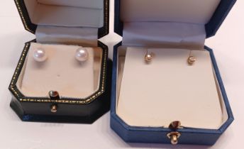 9CT GOLD PEARL EARRINGS, AND DIAMOND STUD EARRINGS HALLMARK 375 ON BUTTERFLY TOTAL WEIGHT 2.5g