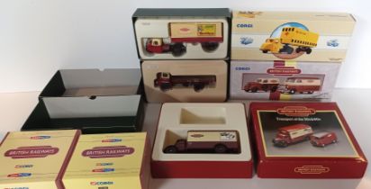 FIVE CORGI BRITISH RAILWAYS VANS AND TRUCKS INC. CC11001 THAMES FLATBED, CC11301 SCAMMELL SCARAB,