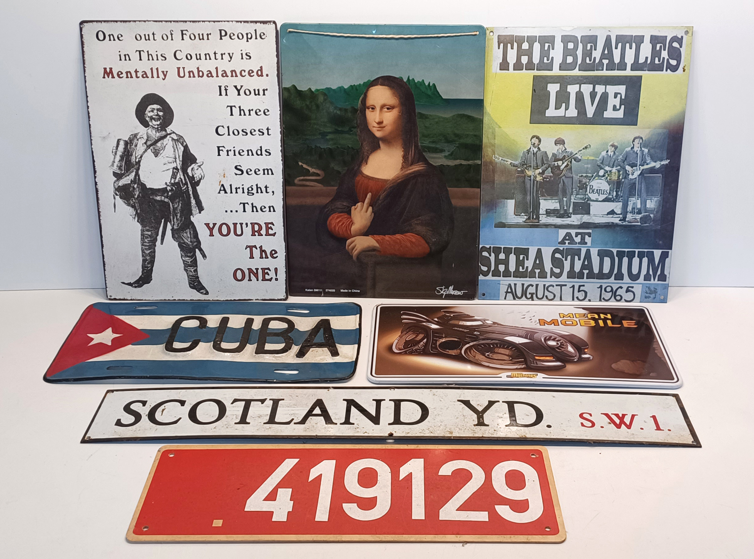 MODERN SCOTLAND YARD ENAMEL SIGN, TIN MEAN MACHINE, TIN BEATLE SIGN ETC. (7)