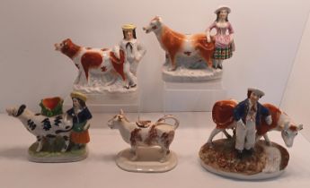 5 STAFFORDSHIRE COW THEMED FLATBACKS & CREAMERS TALLEST 8"