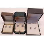  TWO PAIRS 9CT WHITE GOLD EARRINGS, A PAIR OF CZ EARRINGS WITH 9CT ON BUTTERFLIES TOTAL WEIGHT 3.8g