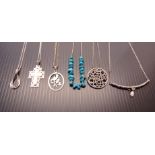 SIX SILVER NECKLACES INC. TURQUOISE BEADED, MOTHER OF PEARL ETC.