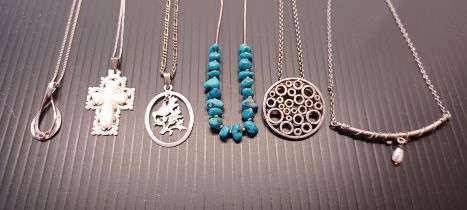 SIX SILVER NECKLACES INC. TURQUOISE BEADED, MOTHER OF PEARL ETC.