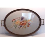 VINTAGE EMBROIDERY ON SILK BOUQUET OF FLOWERS OVAL TRAY WITH BRASS HANDLES 50CM X 37CM