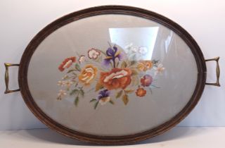 VINTAGE EMBROIDERY ON SILK BOUQUET OF FLOWERS OVAL TRAY WITH BRASS HANDLES 50CM X 37CM