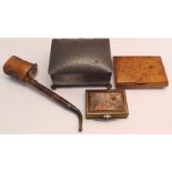 COLLECTION OF PEWTER CIGARETTE BOX, A MUSICAL CIGARETTE CASE, 1899 PIPE AND CASE