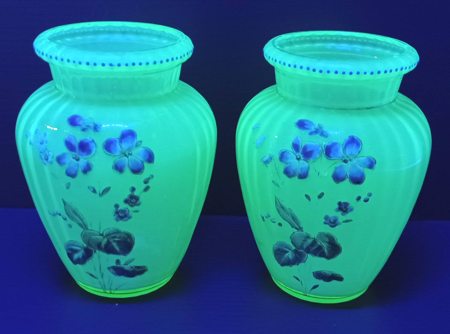 2 HAND PAINTED URANIUM GLASS VASES 5" TALL