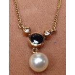 9CT GOLD PEARL AND SAPPHIRE NECKLACE 2.9g 43CM CHAIN