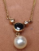 9CT GOLD PEARL AND SAPPHIRE NECKLACE 2.9g 43CM CHAIN